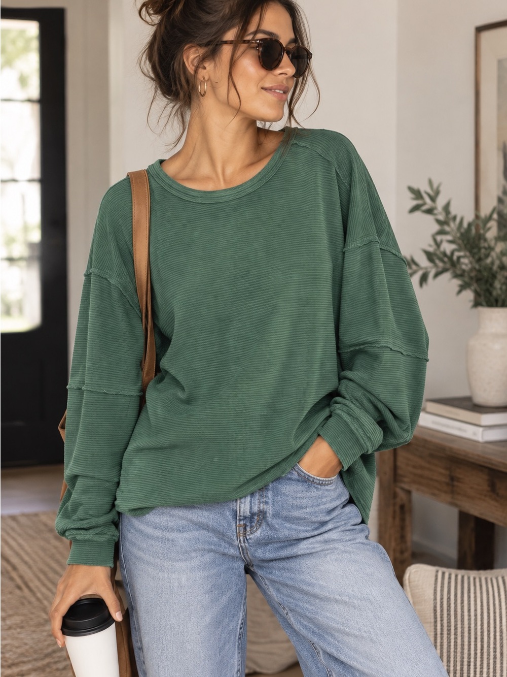 Free People We The Free Green Textured Oversized Pullover Top Medium